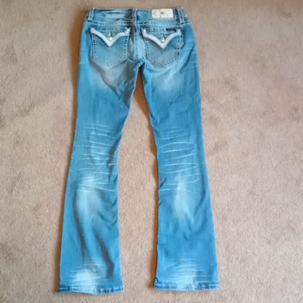 Miss Me signature boot cut blue light wash distressed jeans size 28